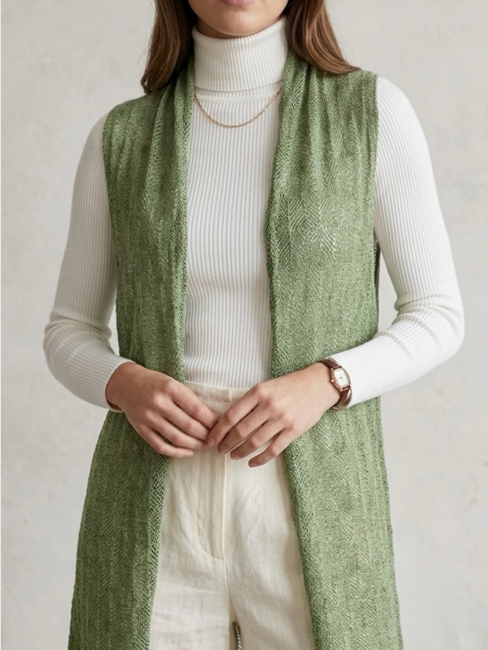 EILEEN FISHER Italian Wool Open Knit Duster Vest Sage Green M